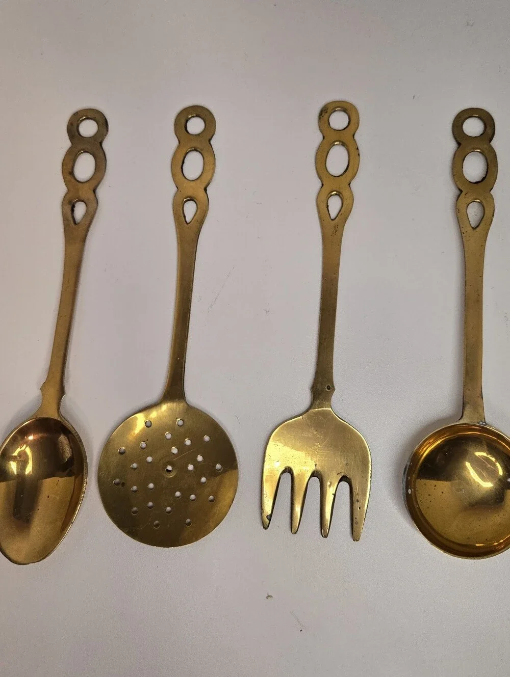 Vintage French Country Brass Kitchen Utensils, 4 Piece Set, Cut Out Handles